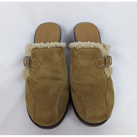 Vintage Y2K 90s Lower East Side 11 Tan Suede Wedge Mule Clog Sherpa Trim Chunky - Picture 3 of 11